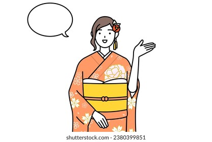 Hatsumode at New Year's and coming-of-age ceremonies, graduation ceremonies, weddings, etc, Woman in furisode giving directions, with a wipeout, Vector Illustration