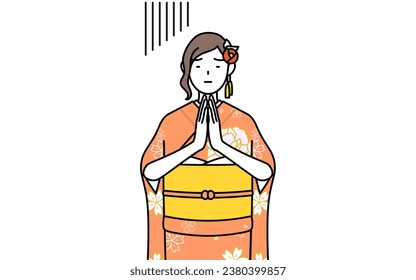 Hatsumode at New Year's and coming-of-age ceremonies, graduation ceremonies, weddings, etc, Woman in furisode apologizing with her hands in front of her body, Vector Illustration