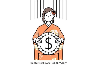 Hatsumode at New Year's and coming-of-age ceremonies, graduation ceremonies, weddings, etc, Woman in furisode an image of exchange loss or dollar depreciation, Vector Illustration
