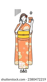 Hatsumode at New Year's and coming-of-age ceremonies, graduation ceremonies, weddings, etc, Woman in furisode looking at her bankbook and feeling depressed, Vector Illustration