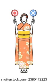 Hatsumode at New Year's and coming-of-age ceremonies, graduation ceremonies, weddings, etc, Woman in furisode holding a placard indicating correct and incorrect answers, Vector Illustration