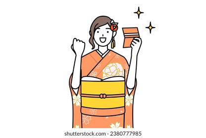 Hatsumode at New Year's and coming-of-age ceremonies, graduation ceremonies, weddings, etc, Woman in furisode who is pleased to see a bankbook, Vector Illustration