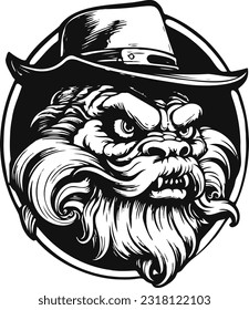 Hatted Beast - Manticore-Like Monster Head Illustration. This is whimsical creature with a large, bushy beard and a hat, resembling a Manticore-like monster. 