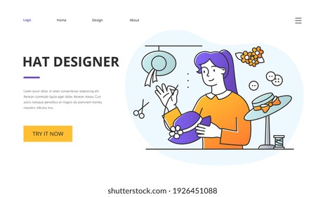 Hatter or hat designer website landing page template showing a young woman sewing and designing fashion hats in her workshop or store, colored vector illustration