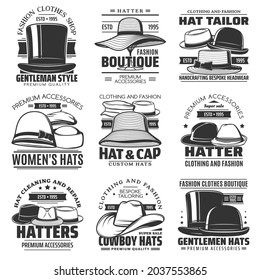 Hatter, Hat Tailor And Cowboy Hat Icons, Headwear Shop Or Hatmaking Millinery Salon Vector Emblems. Gentlemen Caps And Women Retro Hats Tailoring And Sewing Workshop Or Fashion Accessories