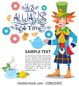 Hatter with a teapot. Illustration to the fairy tale Alice's Adventures in Wonderland. Template with place for text for design.