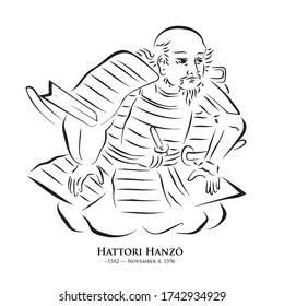 Hattori Hanzo / Masanari (1542-1597) Line drawing illustration of Japanese historical figures. Ninja.