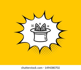 Hat-trick line icon. Comic speech bubble. Magic tricks with hat and rabbit sign. Illusionist show symbol. Yellow background with chat bubble. Hat-trick icon. Colorful banner. Vector