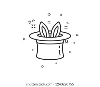 Hat-trick line icon. Magic tricks with hat and rabbit sign. Illusionist show symbol. Geometric shapes. Random cross elements. Linear Hat-trick icon design. Vector