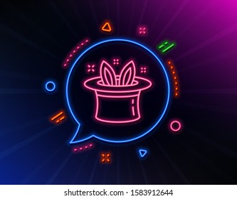 Hat-trick line icon. Neon laser lights. Magic tricks with hat and rabbit sign. Illusionist show symbol. Glow laser speech bubble. Neon lights chat bubble. Banner badge with hat-trick icon. Vector