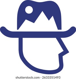 A hat-wearing person with mountain silhouette, Adventure and travel themes.
