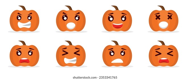 haunt halloween pumpkins emoji set with different facial expressions on the pumpkin shaped faces angry, sad, dissapointed, laughing, happy faces. emoji cartoon illustration.