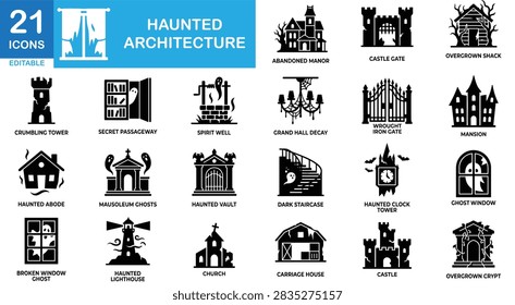 Haunted architecture icon set. Spooky mansion, abandoned house, creepy castle vectors.