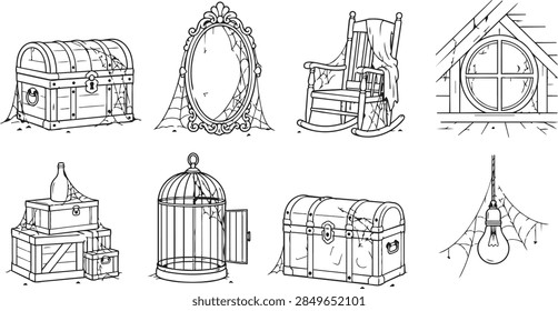 Haunted Attic Objects Collection with Dusty Spiderwebs Vector Illustration