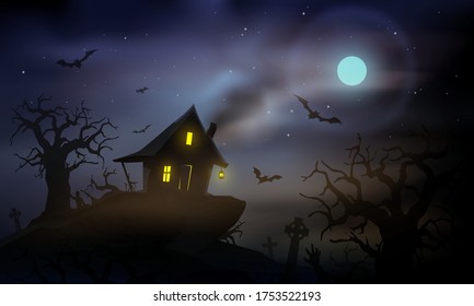 Haunted cabin in the woods vector illustration. Spooky halloween old house background. 