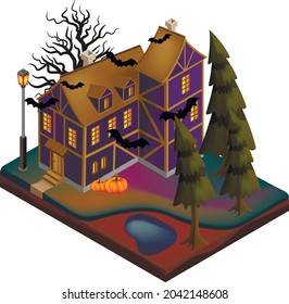 Haunted castle 3d illustration for Halloween. Vector isometric illustration of a house, Halloween 3D. Isolate on a white background.