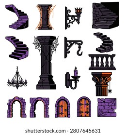 Haunted castle architecture element silhouette kit with stone steps columns gates and chandeliers
