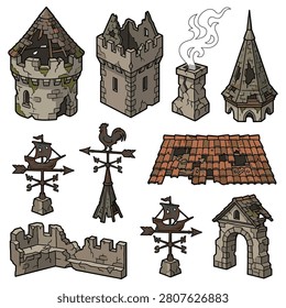 Haunted castle architecture kit with stone towers chimneys roofs and gothic weather vanes