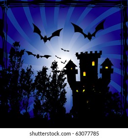 Haunted castle and bats on the blue twirl burst background