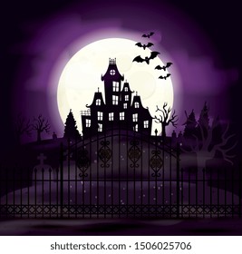 haunted castle with cemetery and icons in halloween scene