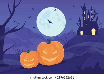 Haunted castle flat color vector illustration. Ominous pumpkins. Spooky environment. Halloween night. Fully editable 2D simple cartoon landscape with full moon and building on background