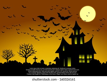 Haunted castle and flying bats Happy Halloween. 