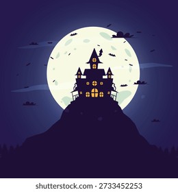 Haunted castle, full moon, bats, dark night sky, halloween