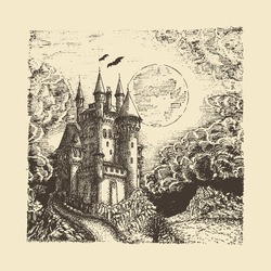 Haunted Castle And Full Moon, Illustration In Engraving Style, Hand Drawn Sketch Of Landscape With Gothic Lock In Vector