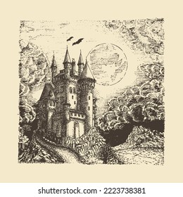 Haunted castle   full Moon  illustration in engraving style  hand drawn sketch landscape and gothic lock in vector