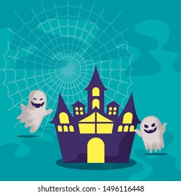 haunted castle with ghosts scene halloween