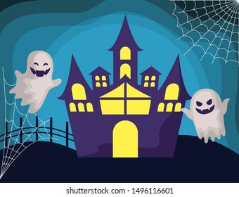 haunted castle with ghosts scene halloween