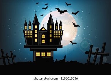 Haunted castle halloween card background Vector. Full moon dark night with bats flying. Spooky towers illustrations