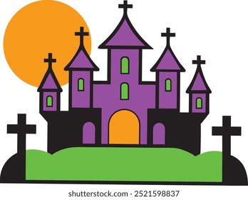 Castelo assombrado de Halloween na arte do cemitério