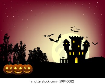 Haunted castle in the Halloween night