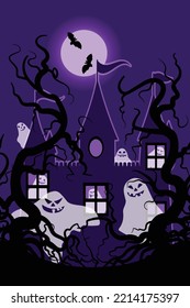 Haunted castle at night on the background of the moon, vector illustration

