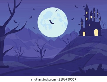 Haunted castle on hill flat color vector illustration. Spooky environment. Flying bats. Halloween night. Fully editable 2D simple cartoon landscape with full moon and building on background