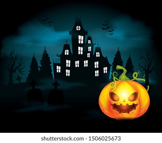 Haunted Castle With Pumpkin In Scene Halloween