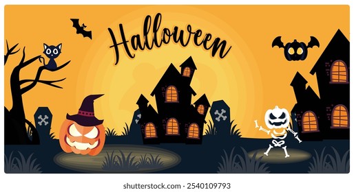 Haunted castle with pumpkin and witch hat. Black cat and bat at night. Halloween concept. Flat vector illustration.