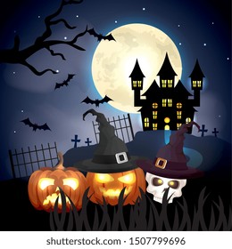 haunted castle with pumpkins in halloween scene