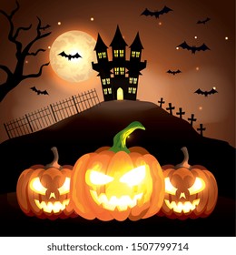 haunted castle with pumpkins in halloween scene