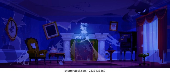 Haunted castle room with female ghost. Vector cartoon illustration of retro living room with vintage furniture, cobweb on cracked walls, torn dusty curtains, damaged armchair, princess spirit in air