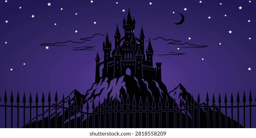 Haunted castle silhouette on hill behind spiked fence at night with halloween