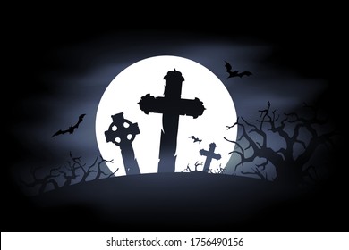 Haunted cemetery with cross and full moon. Spooky old graveyard at night with tombstone crucifix, fog and bats. Halloween background. Vector illustration.