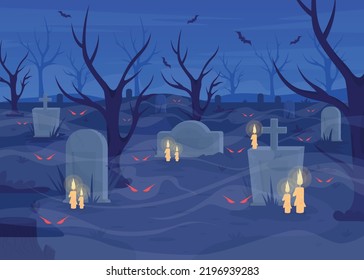 Sputierter Friedhof flach Farbe Vektorgrafik. Geister und Gräber mit Kerzen. Nachtschwärmer. Halloween-Nacht. Vollständig bearbeitbare, einfache 2D-Cartoon-Objekte mit Bäumen und Fledermäusen auf Hintergrund