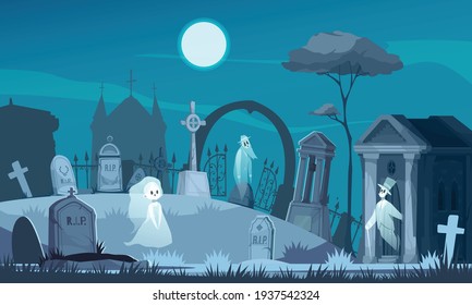 Haunted cemetery with old graves crosses crypt on background with night sky and chapel silhouette cartoon vector illustration