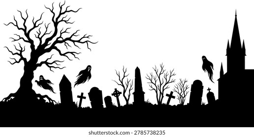 Haunted cemetery scene with ghosts flying near a dead tree and a church silhouette against a white background