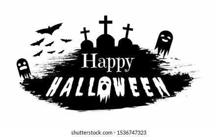 Haunted cemetery silhouette vector illustration. Seasonal holiday greeting card design element, grunge banner concept. Black and white ghosts and tombstones with happy halloween typography