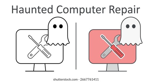 Haunted Computer Repair — desktop PC with ghost floating from the monitor, spooky Halloween tech support icon.
