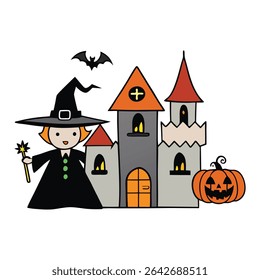 A haunted Dracula castle looms under a full moon, guarded by a wicked witch casting spells—perfectly eerie for a spooky Halloween night!