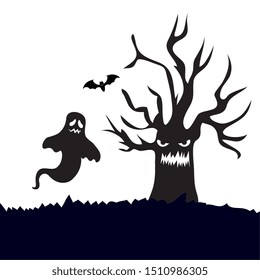 haunted dry tree with ghost isolated icon